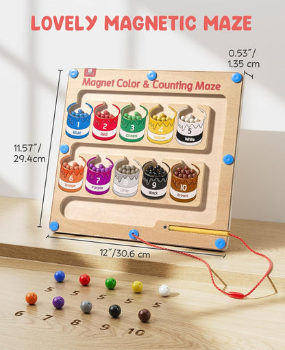 GAMENOTE Magnetic Color and Number Maze - Educational Fine Motor Skills Toys for Boys Girls 3 4 5 Years Old, Wooden Color Matching Learning Counting Toddler