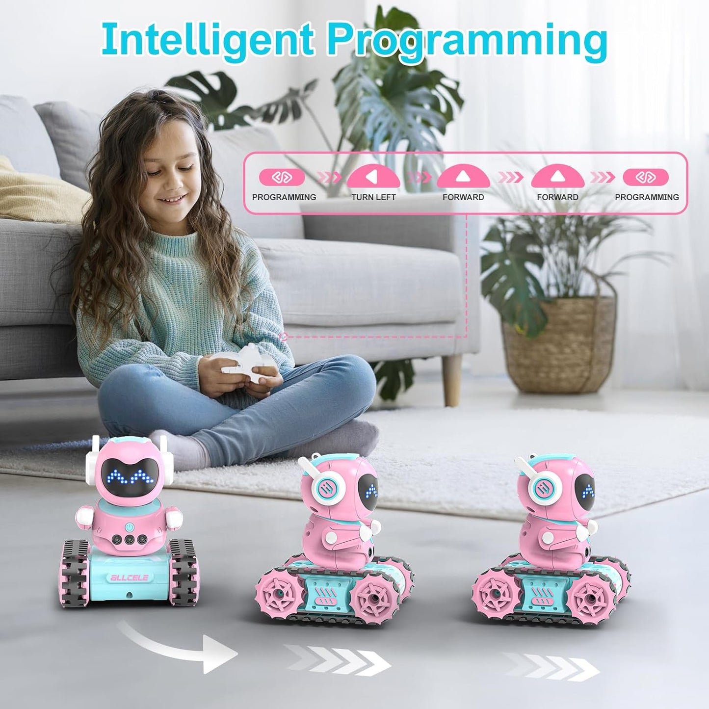 ALLCELE LED RC Robot Toys for Girls with Programming, Music, Demo and LED Function, Remote Control Robot Toy, Gift for Girls 3-8 Years Old Blue Pink