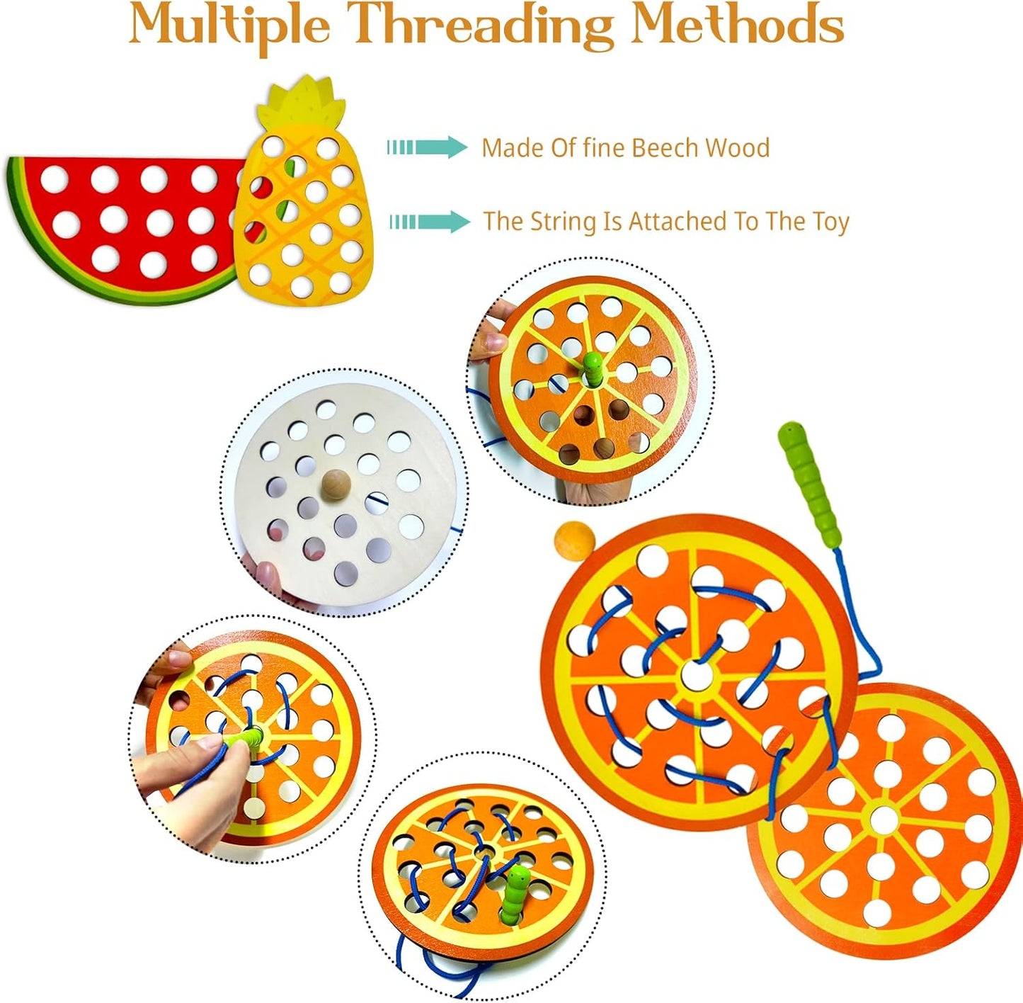 ECam 6 Pcs Lacing Toy for Toddlers, Wooden Threading Toys, Educational and Learning Montessori Activity for Baby and Kids, Fine Motor Skill Toys, Apple Pear Strawberry Watermelon Orange Pineapple