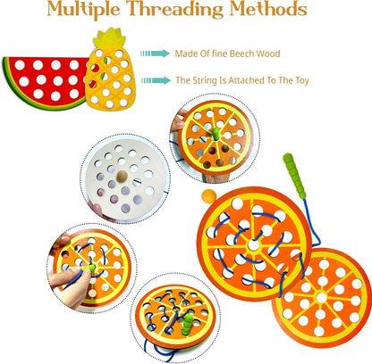 ECam 6 Pcs Lacing Toy for Toddlers, Wooden Threading Toys, Educational and Learning Montessori Activity for Baby and Kids, Fine Motor Skill Toys, Apple Pear Strawberry Watermelon Orange Pineapple