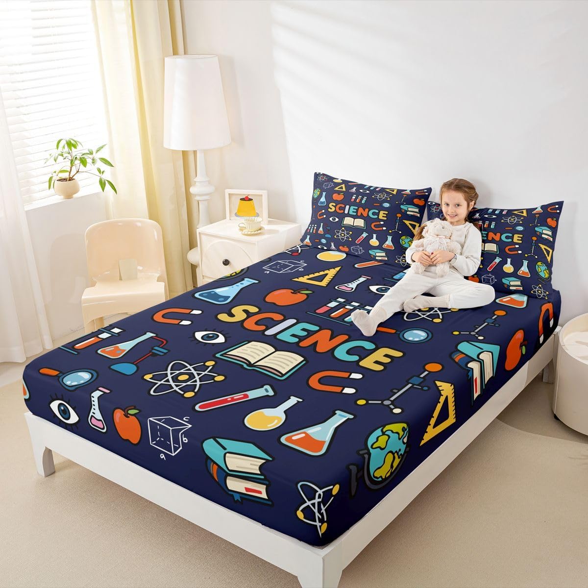 Erosebridal Chemistry Lab Fitted Sheet Twin Size Chemical Equation Bed Sheets for Boys Girls Chemical Elements Science Theme Bed Set Teens Kids Science Students Bedding Set School Dorm Room Decor
