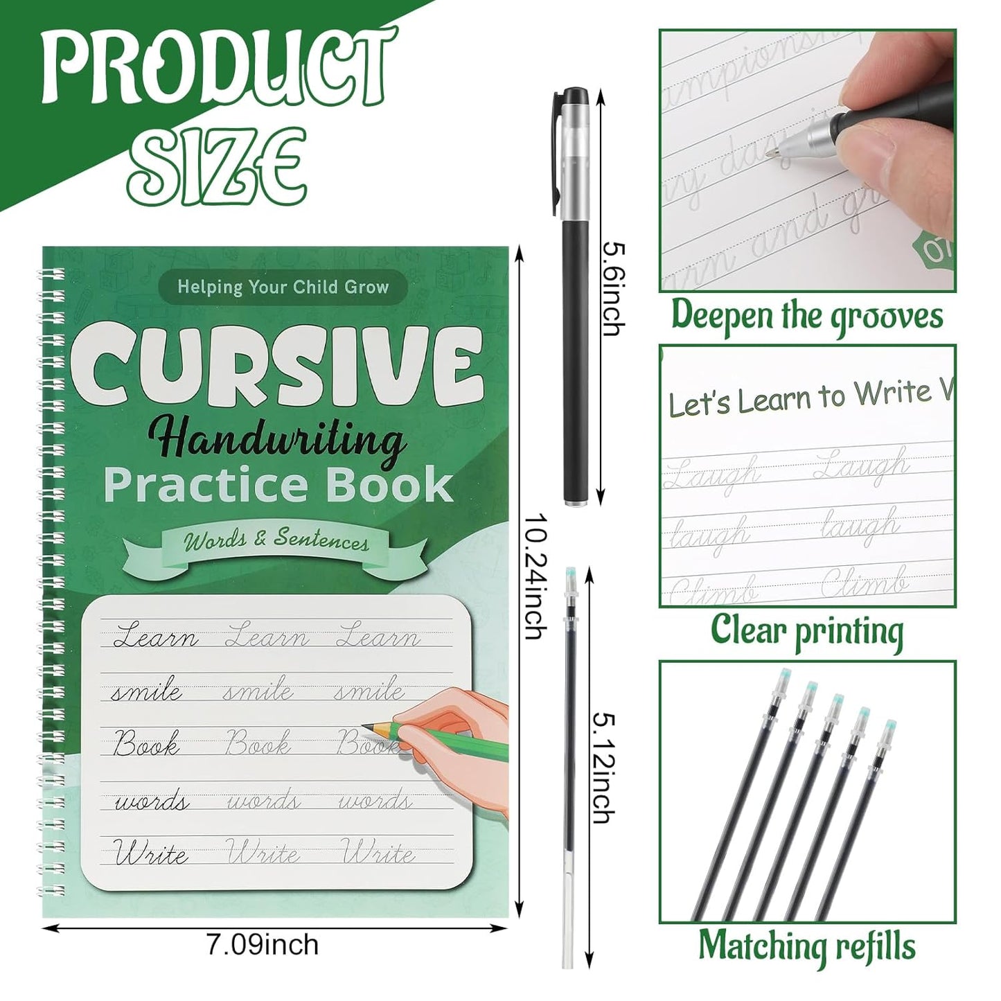 Gilprop Grooved Cursive Handwriting Workbook Reusable Handwriting Practice Copybooks with Special Ink Cursive Writing Practice Book for Kids Beginners Learning Activities(Words and Sentences)