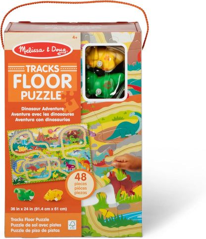 Melissa & Doug Dinosaur Adventure Tracks Cardboard Jigsaw Floor Puzzle and 2 Wind-Up Dinos – 48 Pieces, for Boys and Girls 3+