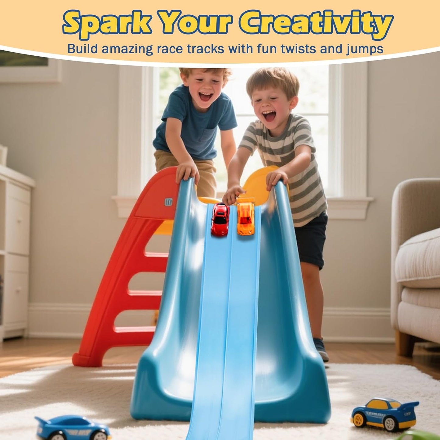 Flex Tracks 15 Ft Starter Set Flexible Race Track for Kids 3+, Flexible Car Track Race Car Ramp Track Compatible with Diecast 1/64th Cars, Portable Rolls Up Race Tracks with Strong Suction Cups