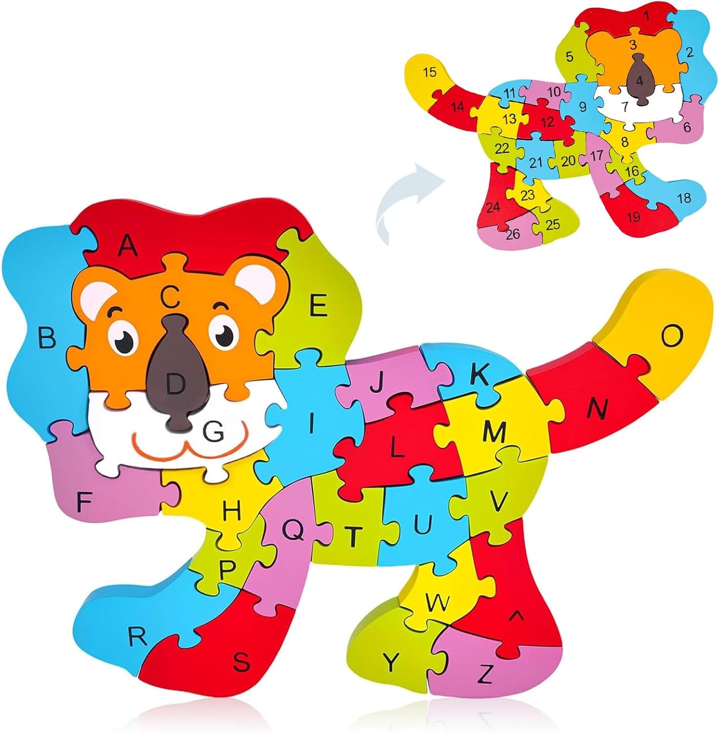 LovesTown Wooden Puzzles for Kids, Double Sided Giraffe Jigsaw with Alphabet & Numbers, Montessori Educational Toy for Toddlers, Chunky Animal Gift