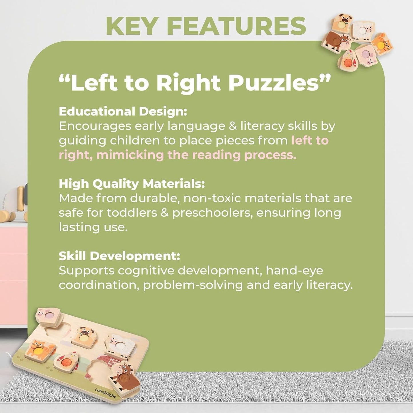 LEFT2RIGHT Wooden Puzzle for Toddlers 1-3 | Montessori Puzzle for 2 Year Old | Best Educational Puzzle for Motor Skills & Sensory Learning | Wooden Peg Puzzles for Toddlers 1-3 Transportation Edition