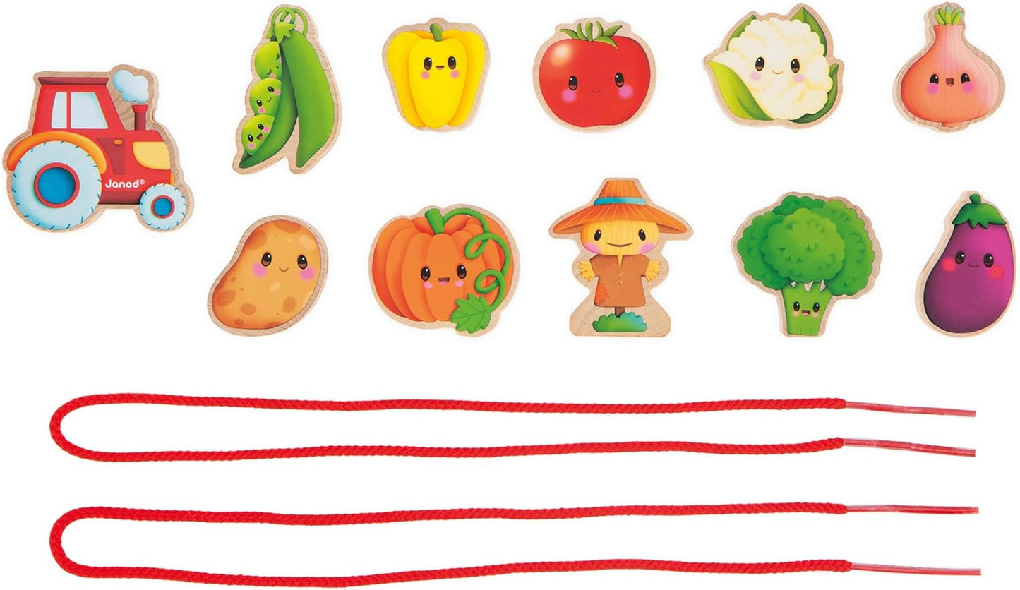 Janod - Stringable Farm-Themed Wooden Beads Set 11 Pieces - Designing Custom Jewelry - Imagination Development - Boosts Creativity and Motor Skills - Encourages Imaginative Play