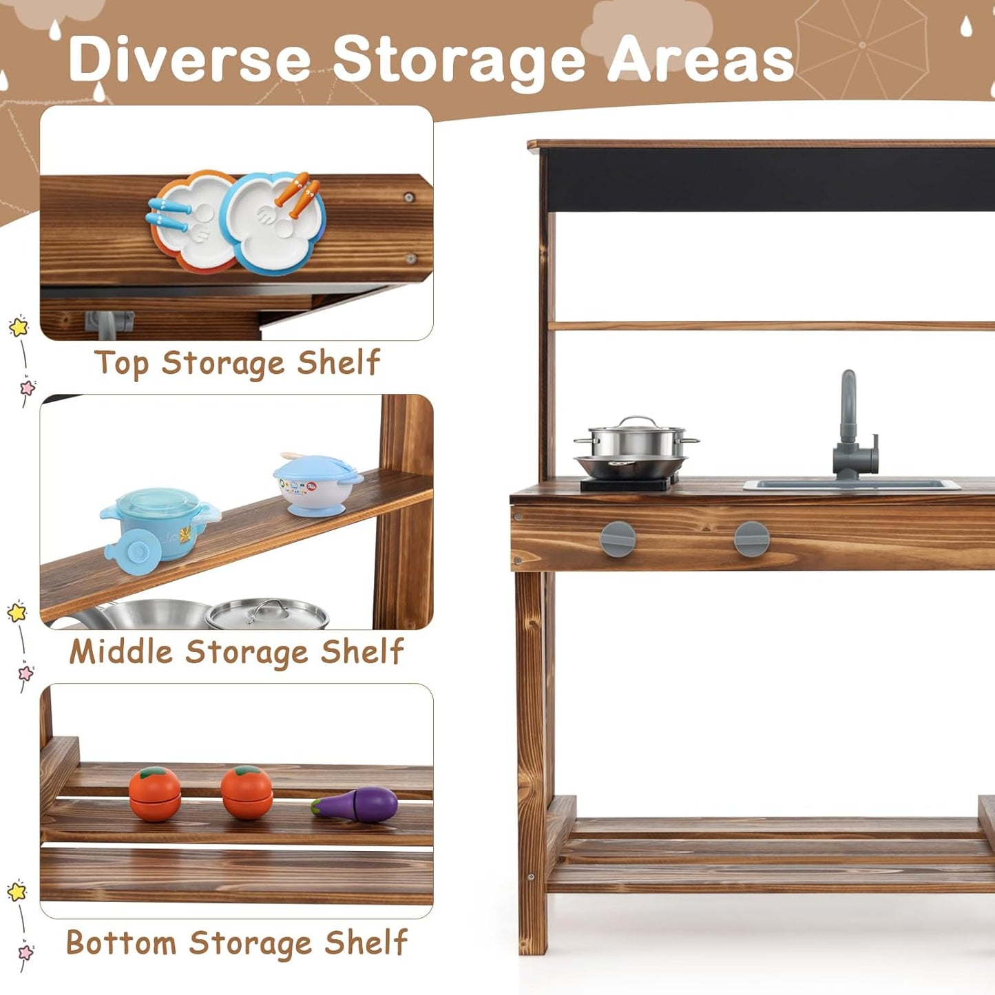 KOTEK Mud Kitchen with Canopy, Outdoor Play Kitchen with Removable Sink, Chalkboard, 4 Stoves, Cooking Accessories & Storage Cabinet, Wooden Toy Kitchen Playset for Kids Age 3+