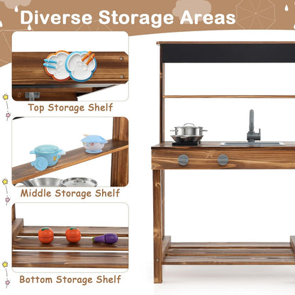 KOTEK Mud Kitchen with Canopy, Outdoor Play Kitchen with Removable Sink, Chalkboard, 4 Stoves, Cooking Accessories & Storage Cabinet, Wooden Toy Kitchen Playset for Kids Age 3+