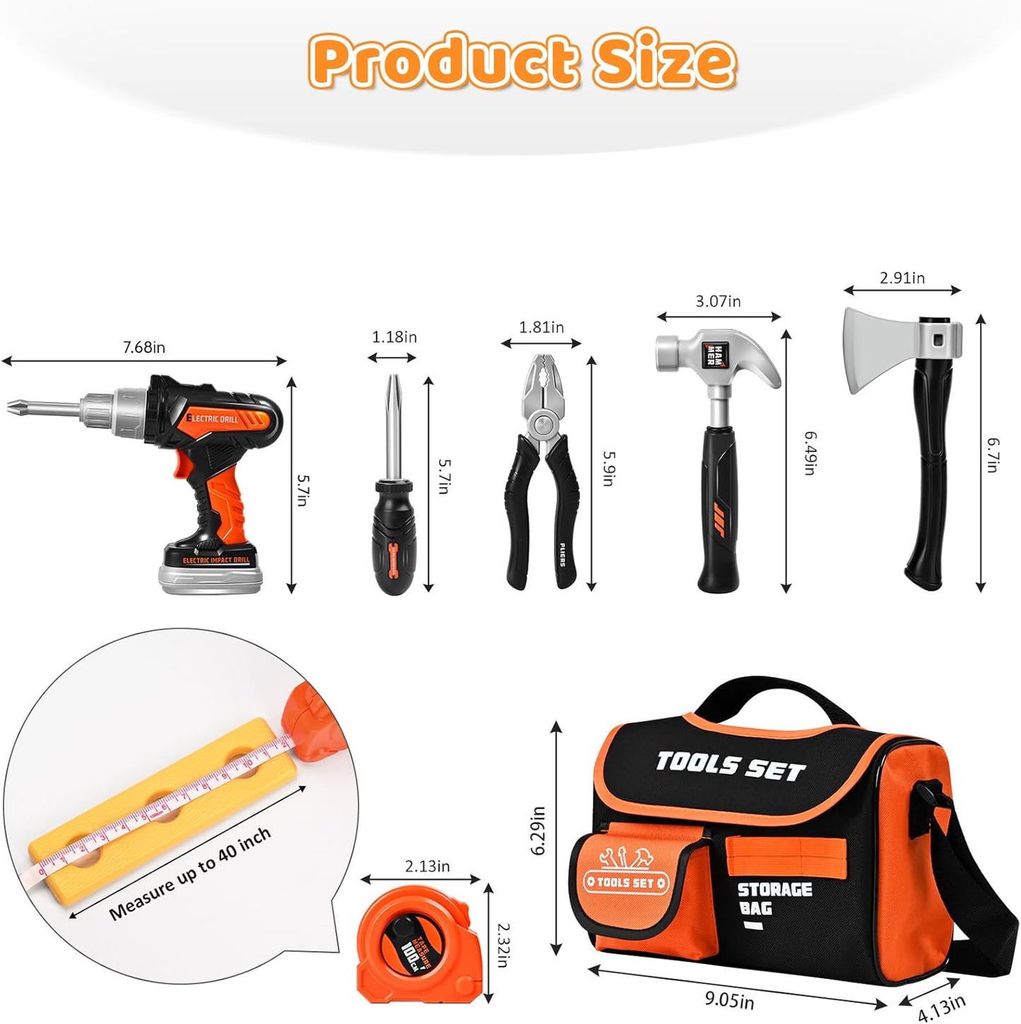 Kids Tool Set 49 PCS, Portable Tool Bag with Battery Powered Toy Drill & Adjustable Belt, Pretend Play Toddler Tool Set, Construction Toys for Boys & Girls Age 3-8, STEM Gifts