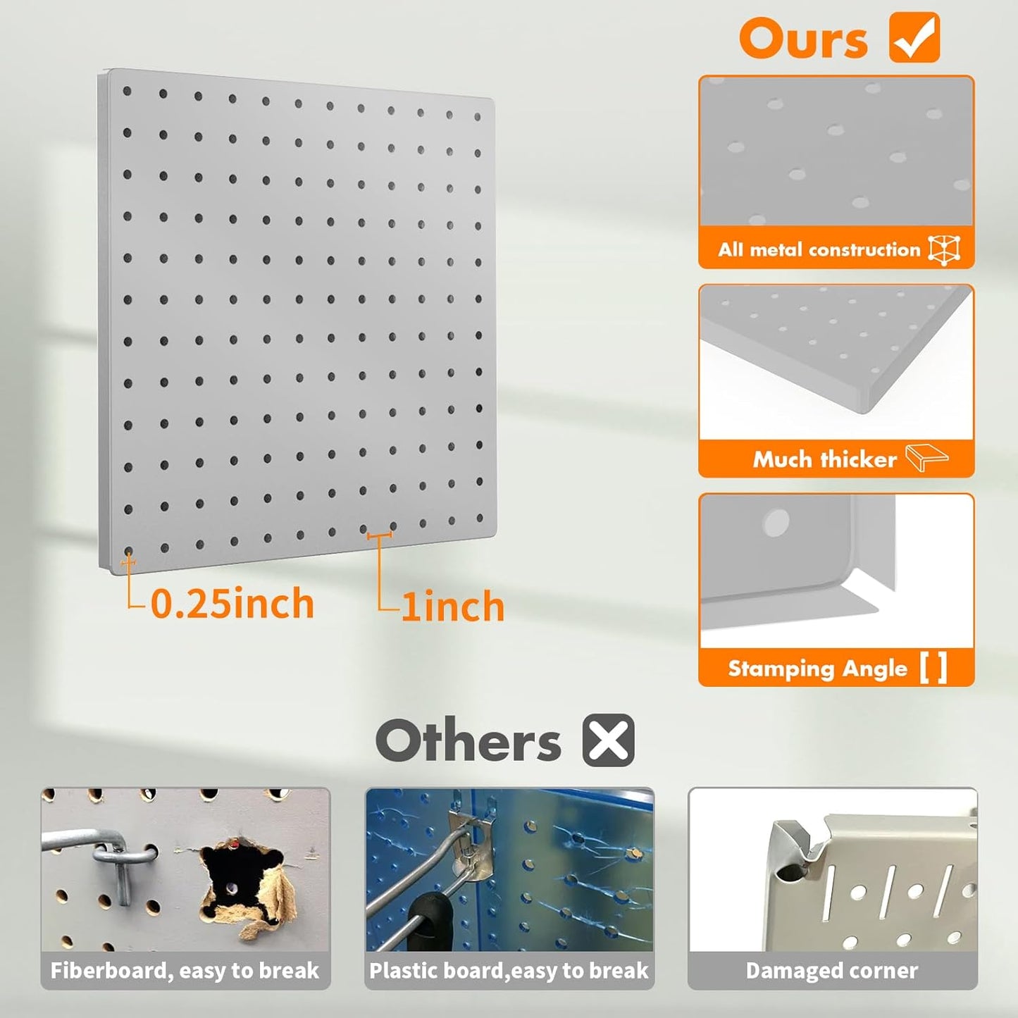 Peg Board, 4PCS Metal Pegboard Wall Organizer. Heavy Duty Pegboard, Peg Boards, Pegboard for Walls, White Pegboard for Garage Craft Room Workbench Office Kitchen Tool Organization, 12"*12"