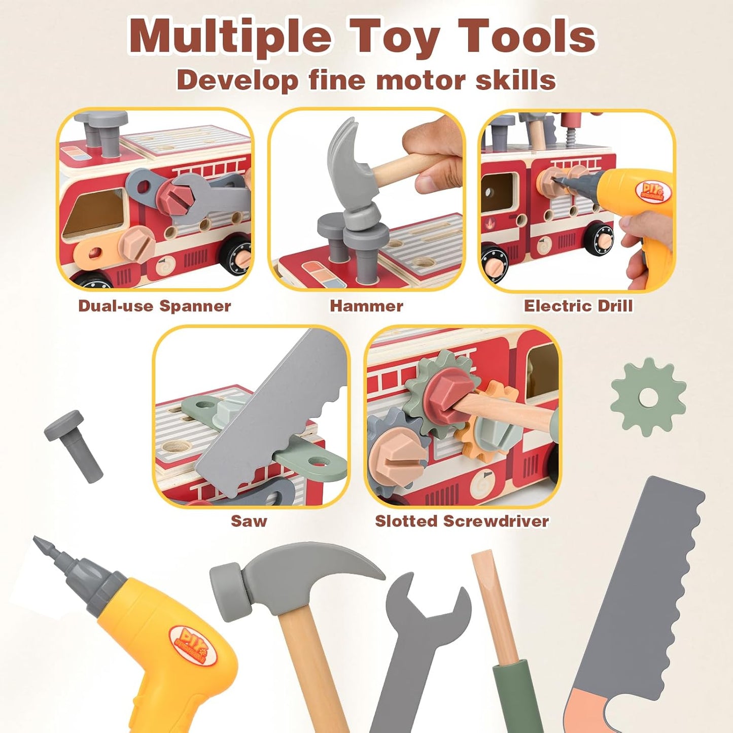 Vanplay Kids Tool Set for Boys - Montessori Toys for 3 4 5 Year Old Boy Christmas Birthday Gifts - 47 Pcs Wooden Toddler Tool Kits with Drill, Learning Educational Construction Toy for Kids Age 3-5