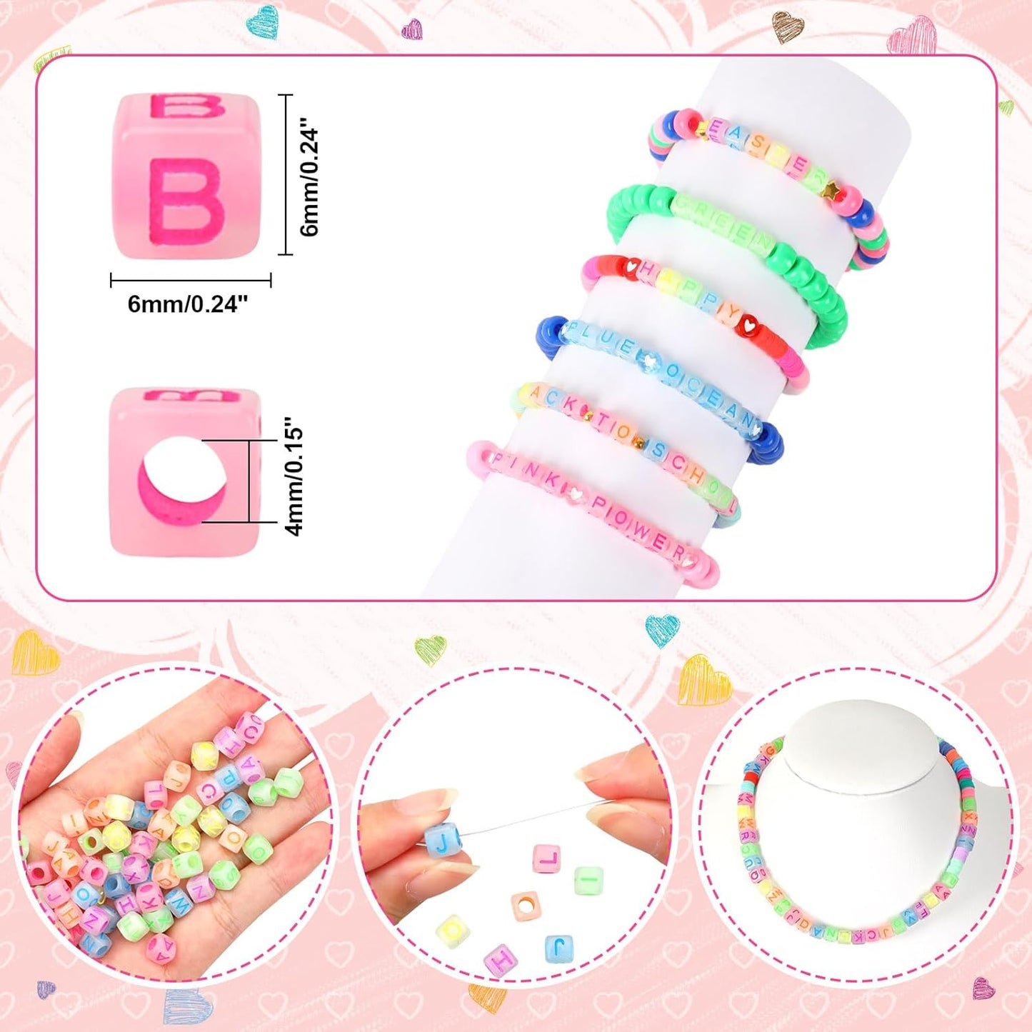 Letter Beads, Augshy 1400 Pcs Morandi Cube Alphabet Bead,Square Letter Beads with 1 Roll 10M Crystal String Cord (6mm)