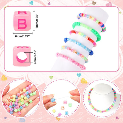 Letter Beads, Augshy 1400 Pcs Morandi Cube Alphabet Bead,Square Letter Beads with 1 Roll 10M Crystal String Cord (6mm)