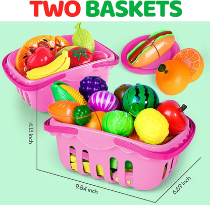 100 PCS Cutting Play Food Toy for Kids Kitchen, Pretend Food Toys for Toddlers, Play Kitchen Toys Accessories with 2 Baskets, Fake Food/Fruit/Vegetable, Birthday Gifts for 3 4 5 Years Old Boys Girls