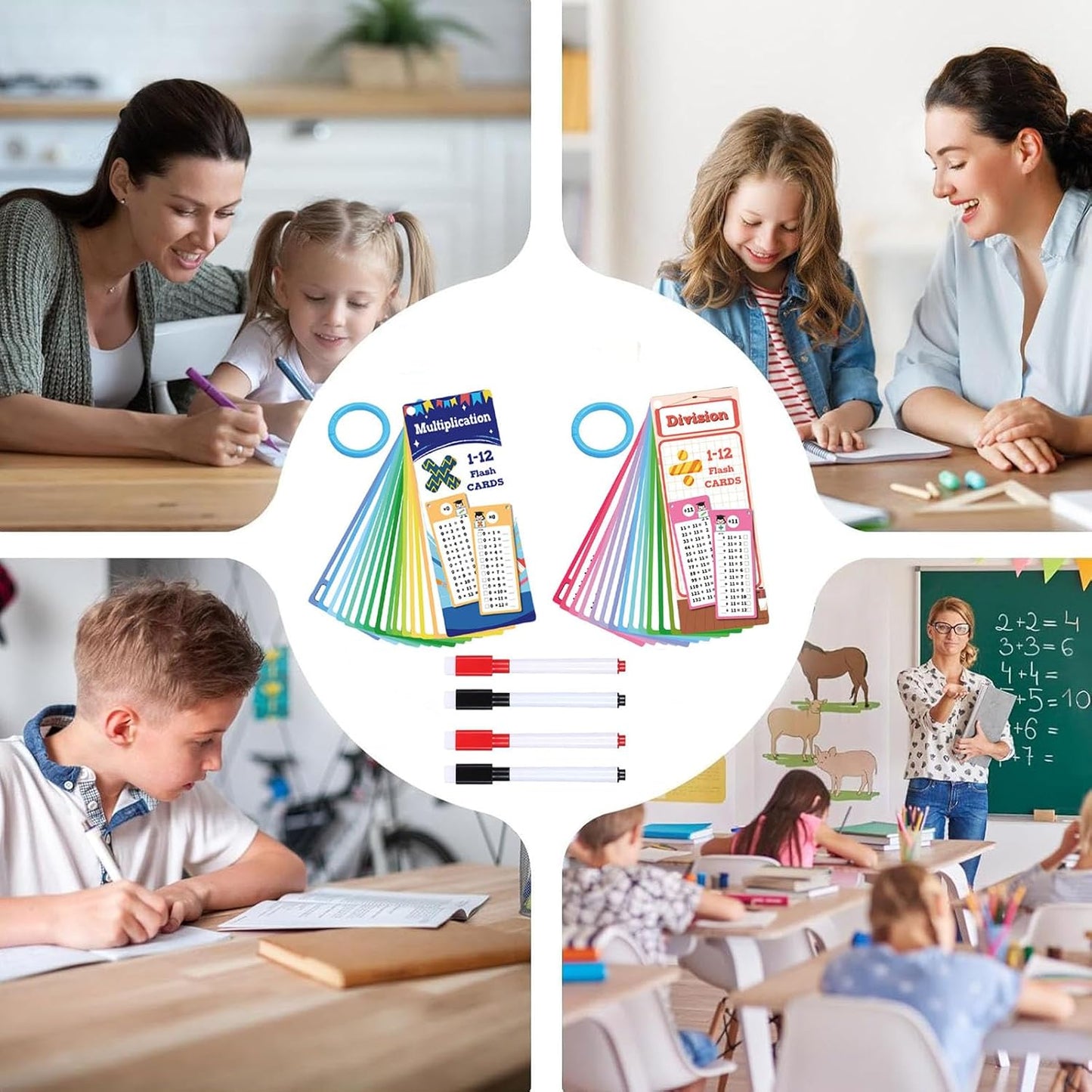 30PCS 1-12 Reusable Multiplication Flash Cards & Division Flash Cards with 4 Dry Erase Pens 2 Rings for Math Multiplication Game for Kids Classroom Home 1st to 3rd Grades