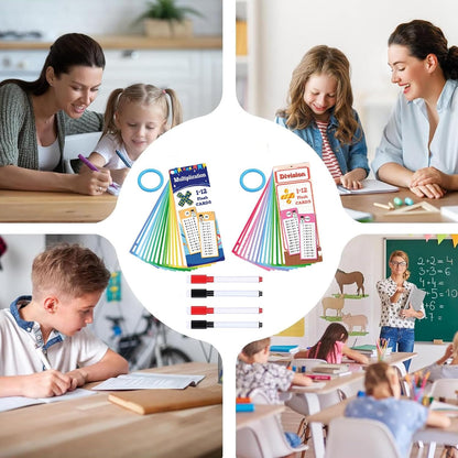 30PCS 1-12 Reusable Multiplication Flash Cards & Division Flash Cards with 4 Dry Erase Pens 2 Rings for Math Multiplication Game for Kids Classroom Home 1st to 3rd Grades