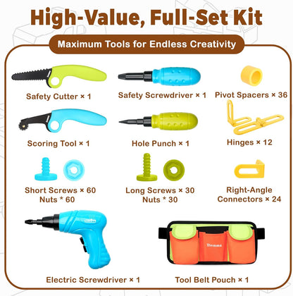 Kids Cardboard Construction Tool Set with Electric Drill & Tool Belt -258PCS, STEM Building Kit for Creative Craft Projects, Educational DIY Engineering Toy for Boys & Girls