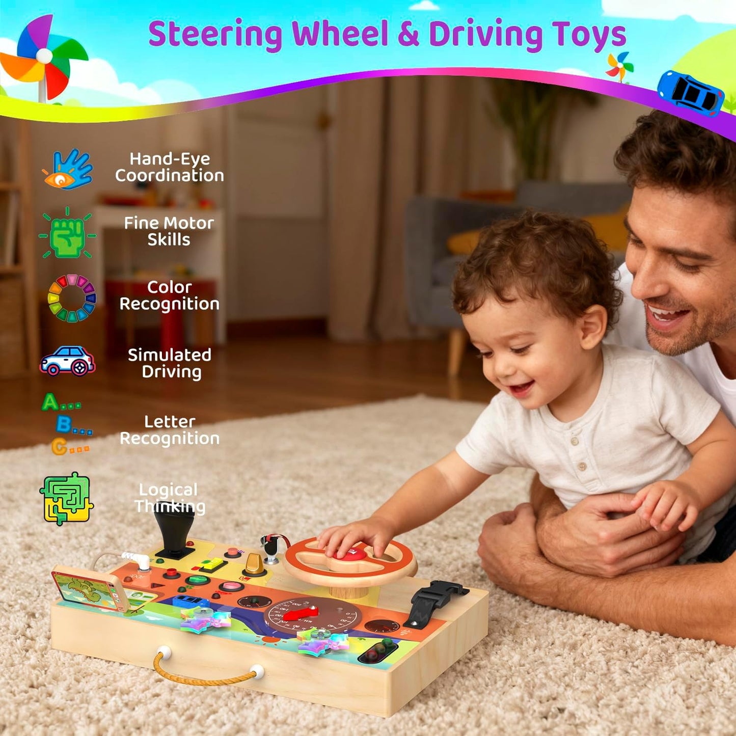 UdoUto Montessori Wooden Busy Board for Toddlers with LED Light Lights & Switches,Portable Activity Board for Car & Airplane Travel Toys, Christmas & Birthday Gift for 1-3 Year Old Boys & Girls