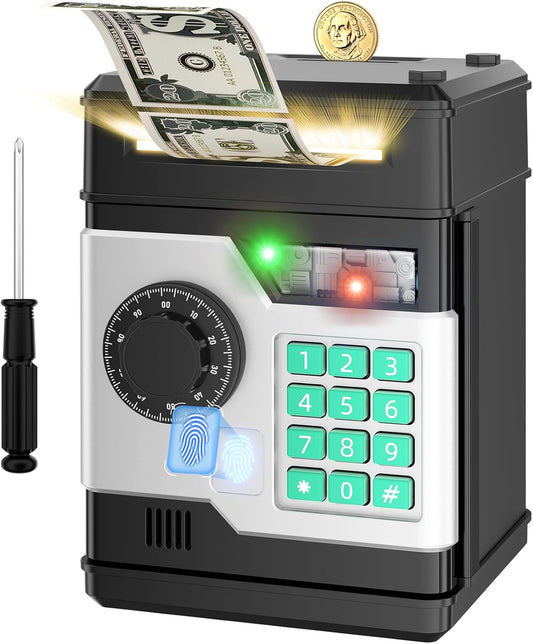 Piggy Bank, Automatic Electronic Piggy Bank for Kids Boys Girls with Password and Fingerprint Unlocking Simulation, Money Bank Kids Safe Toys for 3 4 5 6 7 8 9 10 Year Old Boy Girl (Black)