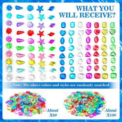 180 Pcs Sensory Bin Filler Include 100 Plastic Gemstones & 80 Fake Seashells for Kids, Pirate Treasure and Mermaid Pool Play, Ocean Themed Party (1"-1.2")