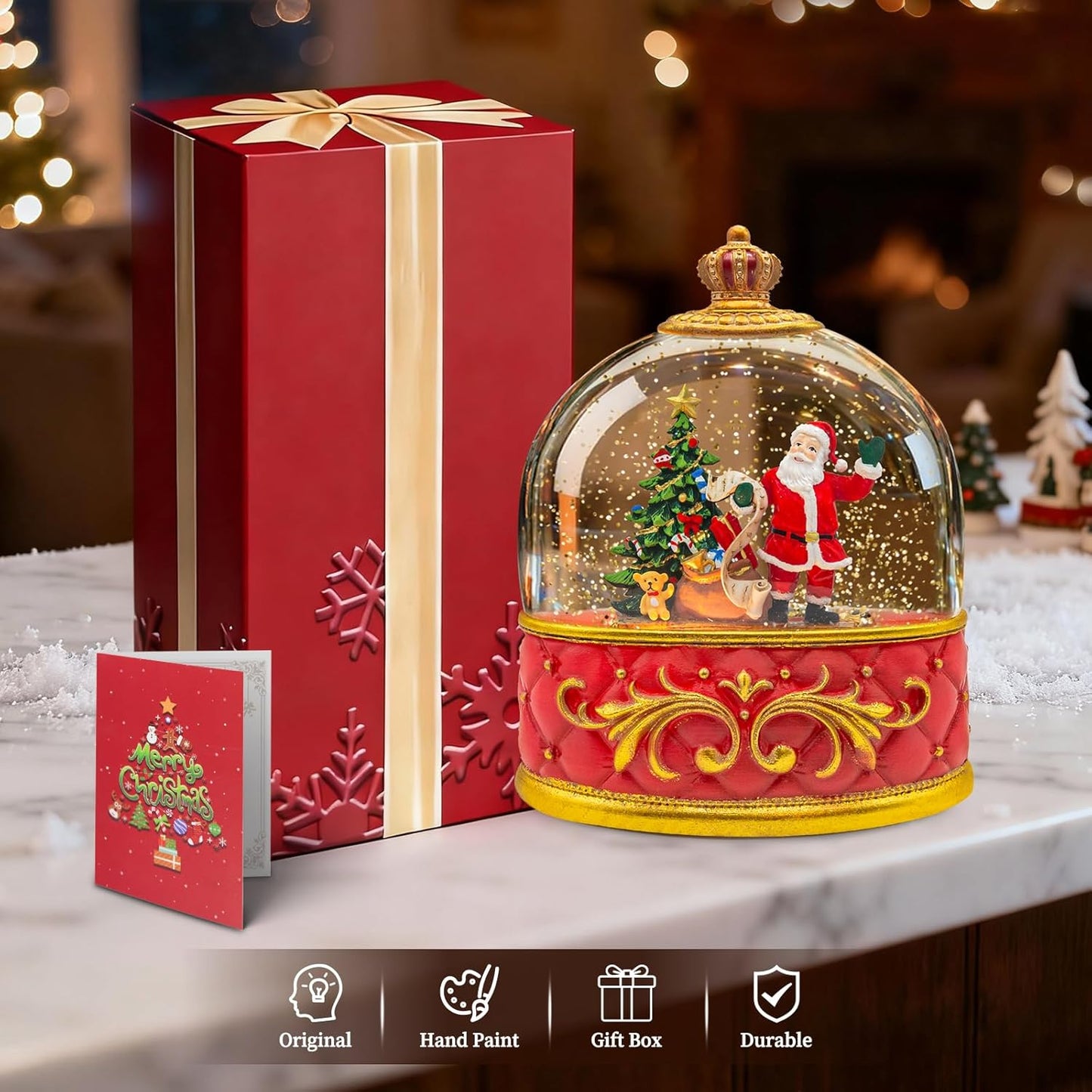 Musical Santa Snow Globe - Lighted Plastic Christmas Snow Globes with LED Lights and Swirling Glitter, Hand Painted Santa Claus Decoration Playing 8 Holiday Songs, Gift for Adults and Kids