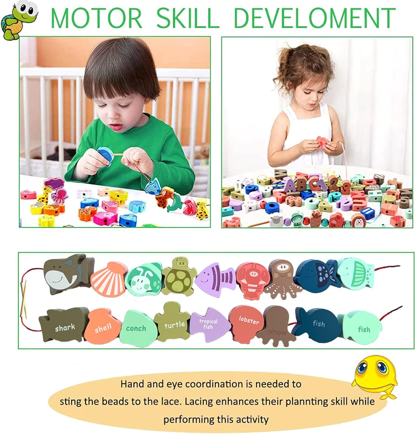 46 PCS Montessori Wooden Lacing Beads Toys for Toddlers,Educational Stringing Animals Fruits Farm Threading Beads Preschool Learning Toys for Kids 3 4 5 6 Year Old Boys Girls…