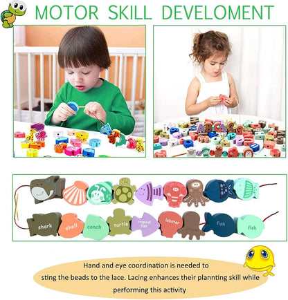 46 PCS Montessori Wooden Lacing Beads Toys for Toddlers,Educational Stringing Animals Fruits Farm Threading Beads Preschool Learning Toys for Kids 3 4 5 6 Year Old Boys Girls…