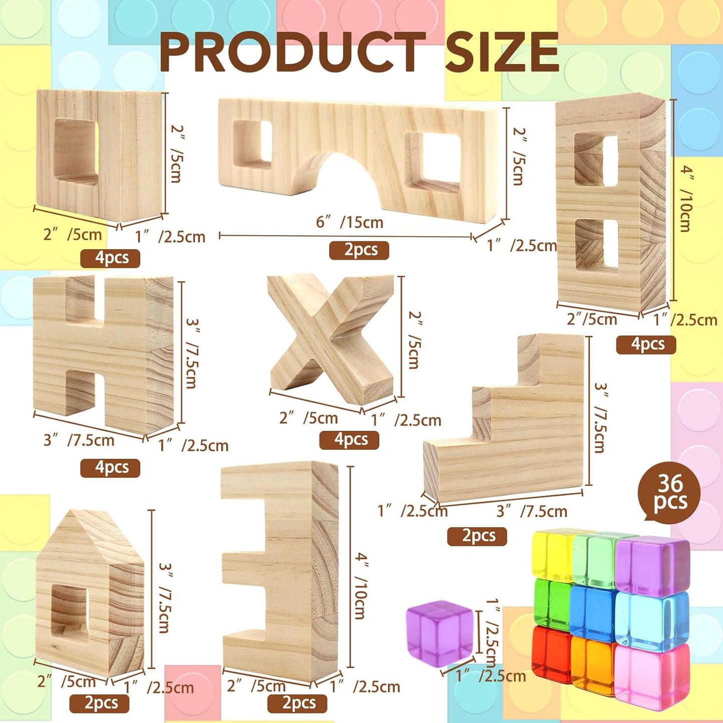 Wooden Building Blocks Set for Kids, 60 PCS Rainbow Acrylic Gem Cubes Stacking Blocks, Montessori Stacking Toy for Toddlers Educational Toy Early Learning Gifts for Boys Girls 3-6 (60)