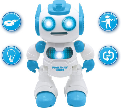 LEXiBOOK Powerman Max - Remote Control Walking Talking Toy Robot STEM Programmable Dances Sings Telling 10,000 Stories 300+ Learning Quiz Shooting Discs and Voice Repeat for Kids 4+ - ROB80EN, White