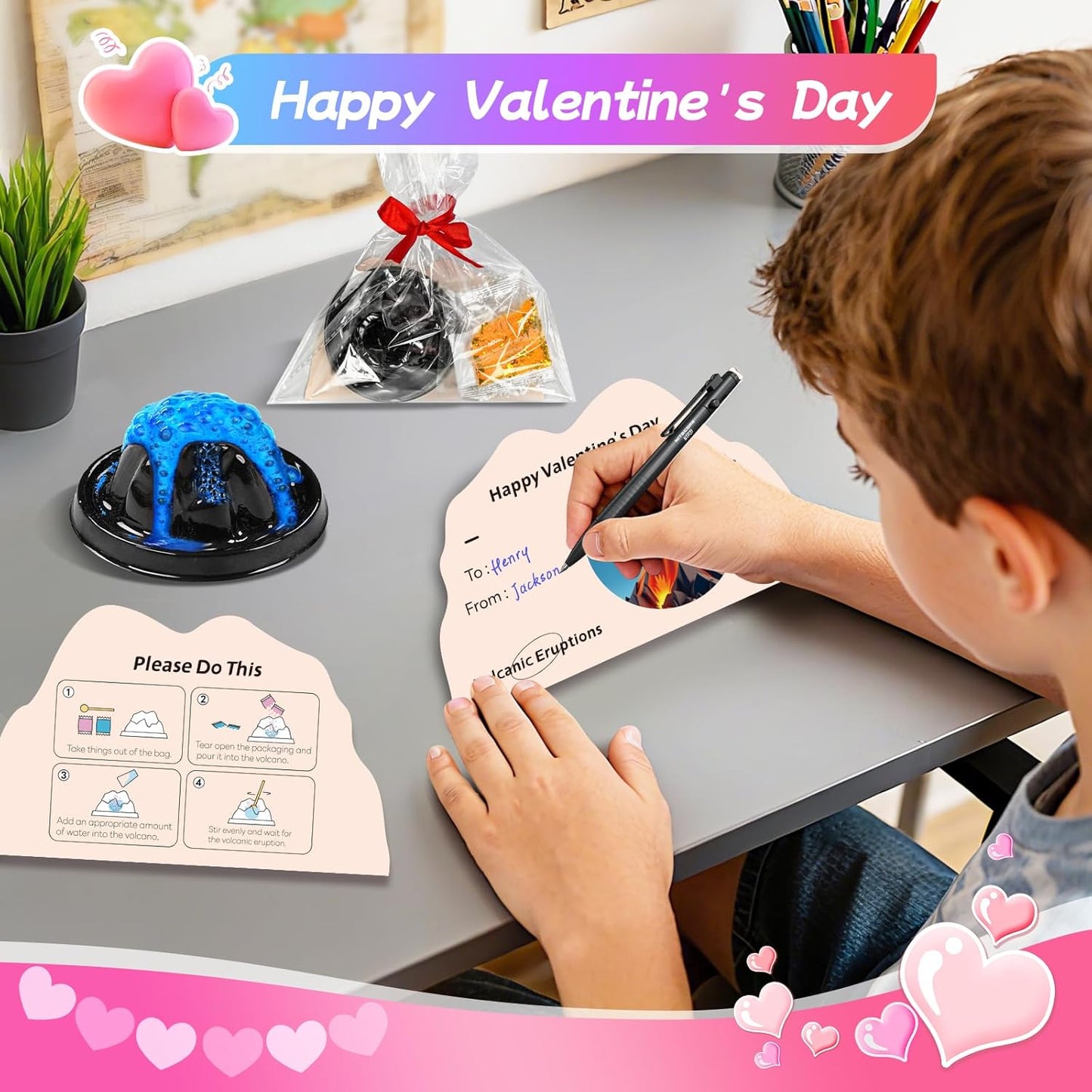 28 Pack Valentine's Day Gift Erupting Volcano Kit with Greeting Cards Volcano Science Experiment Party Favor STEM Educational Toys School Gifts Exchange Classroom Prizes for Boys Girls