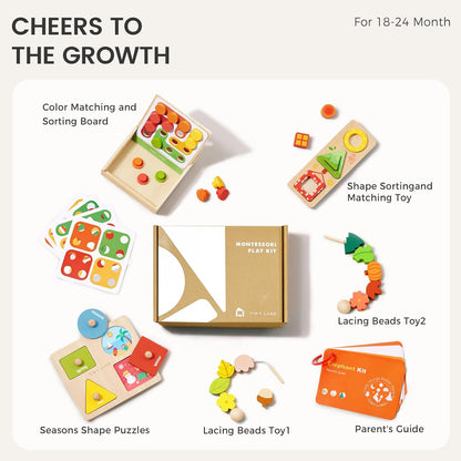 Tiny Land Montessori Toy Set for Babies 7-9 Months Senser Play Kit - 5-in-1 Wooden Learning Toys with Object Permanence Box, Sensory Ball, Stacking Cups and Mirror Puzzle,Body Board Book