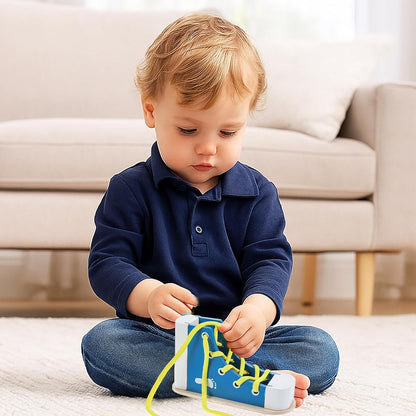 Learn to Tie Shoes for Kids Wooden Lacing Sneaker Educational Toy Safe & Reusable Wooden Shoe Tying Practice Kit Wood Lacing Sneaker Toy for Tie-Up Shoe Practice Threading Montessori Toys(Blue)