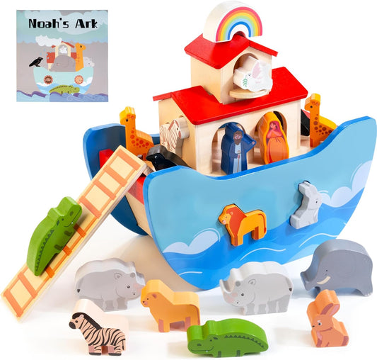 JUSTWOOD Wooden Noahs Ark Toy Animal Play Set, Bible Story Toys Baptism Gift for Boys and Girls Ages 1+ Years, Baby Shape Sorter Toy SS09