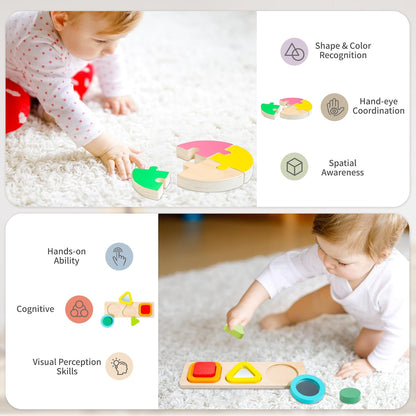 WOODMAM Montessori Toys for Babies 7-12 Months, 9 in 1 Educational Wooden Toys Set, Includes Object Permanent Box, Stacking Cups, Mirror Puzzle, Ring Stacker and More