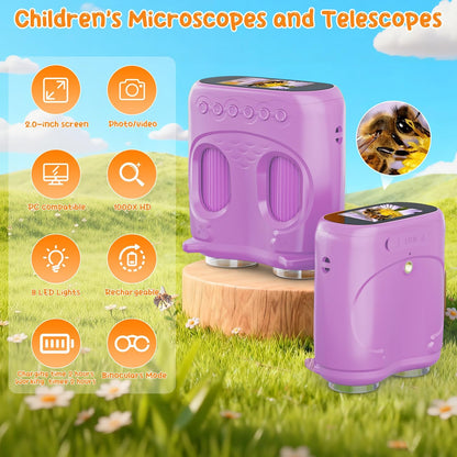 2-in-1 Kids Microscope Telescope, Temodu 2.0" 1000X Digital Microscope for Kids, HD Portable Education Telescope for Kids Birthday Festival Gift, Science Fun Toys for Children Age 4-12 (Purple)
