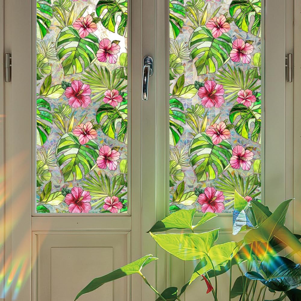 Flower Stained Glass Window Film Decorative Static Cling Stickers Sun Blocking Privacy Decals for Home Car White Lily