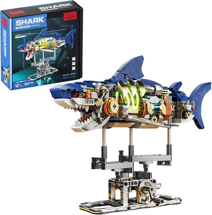 1085-PCS Mechanical Piranhas Fish Building Set with LED Light, Movable Linkage Gears, Display Stand,Mechanical Fish