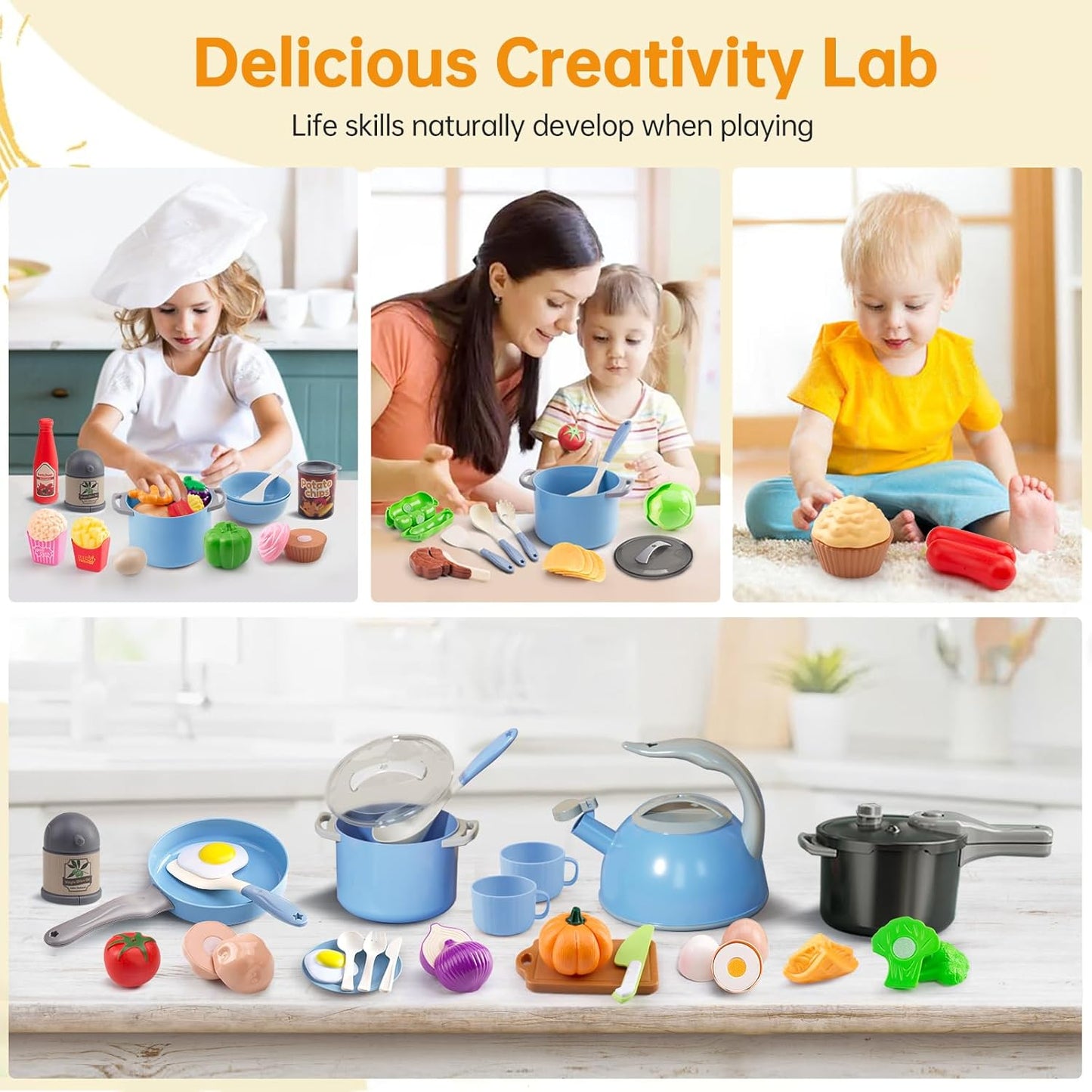 130Pcs Kitchen Playset, Toddler Pretend Cooking Play Pots, Pans, Utensils Cookware, Daily Food Fruit Veges, Shopping Storage Basket, Dessert, Prop Money, Learning Gift for Child (Pink)