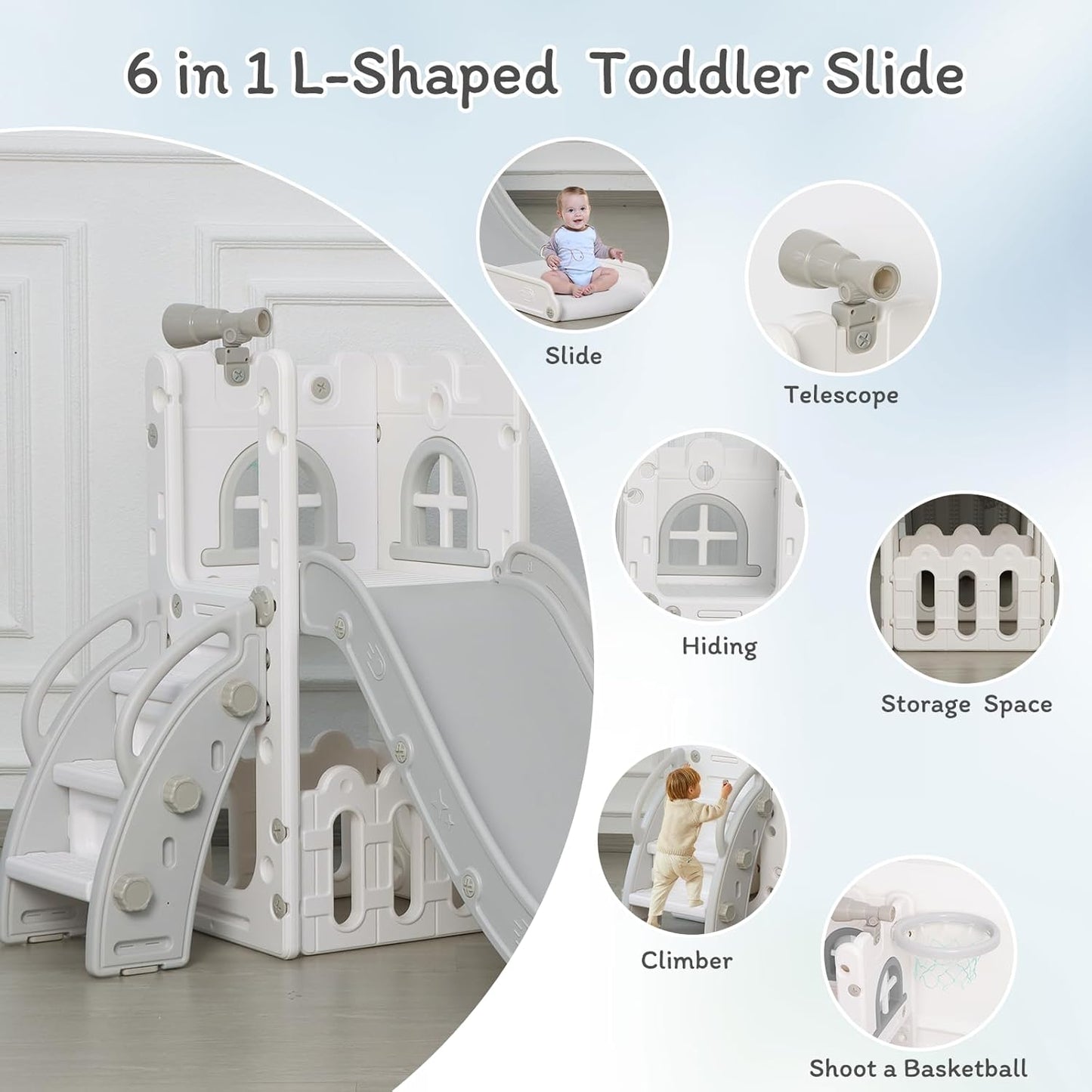 LulliSpace 6 in 1 Toddler Slide,Kids Climber Slider for Indoor Outdoor Playground with Basketball Hoop,Storage and Telescope,L Shaped Slide for Toddler Climber Playset