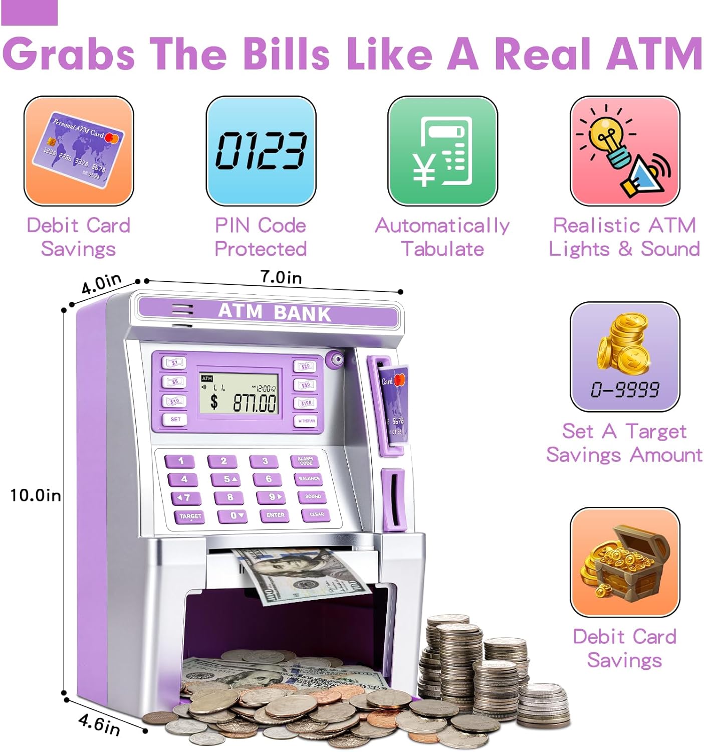 ATM Piggy Bank for Kids, ATM Machine for Real Money with Debit Card, Bill Feeder, Coin Recognition, Balance Calculator, Electronic Savings Safe Box, Gifts for Teen Boys Girls
