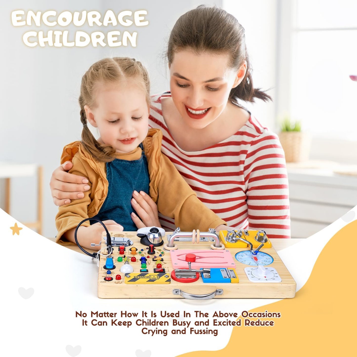Busy Board with LED Light Switches, Montessori Toys for 1 2 3 Years Old, Toddlers Wooden Toy Sensory Activity Board, Travel Toys for 1+ Year Old Boy & Girl Birthday Gift
