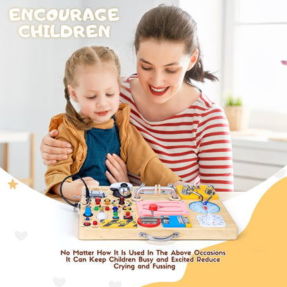 Busy Board with LED Light Switches, Montessori Toys for 1 2 3 Years Old, Toddlers Wooden Toy Sensory Activity Board, Travel Toys for 1+ Year Old Boy & Girl Birthday Gift