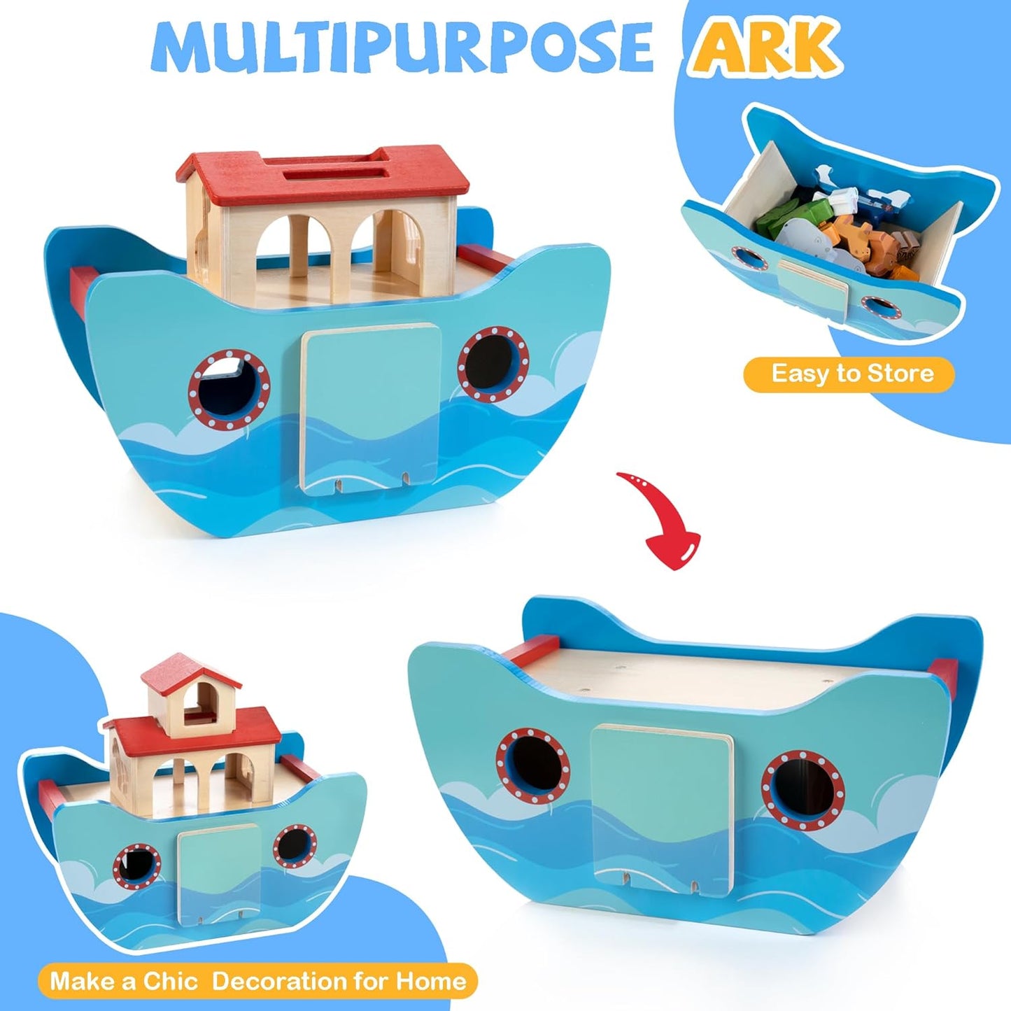 JUSTWOOD Wooden Noahs Ark Toy Animal Play Set, Bible Story Toys Baptism Gift for Boys and Girls Ages 1+ Years, Baby Shape Sorter Toy SS09
