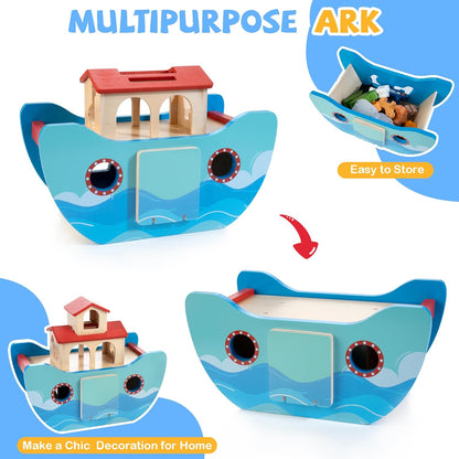 JUSTWOOD Wooden Noahs Ark Toy Animal Play Set, Bible Story Toys Baptism Gift for Boys and Girls Ages 1+ Years, Baby Shape Sorter Toy SS09