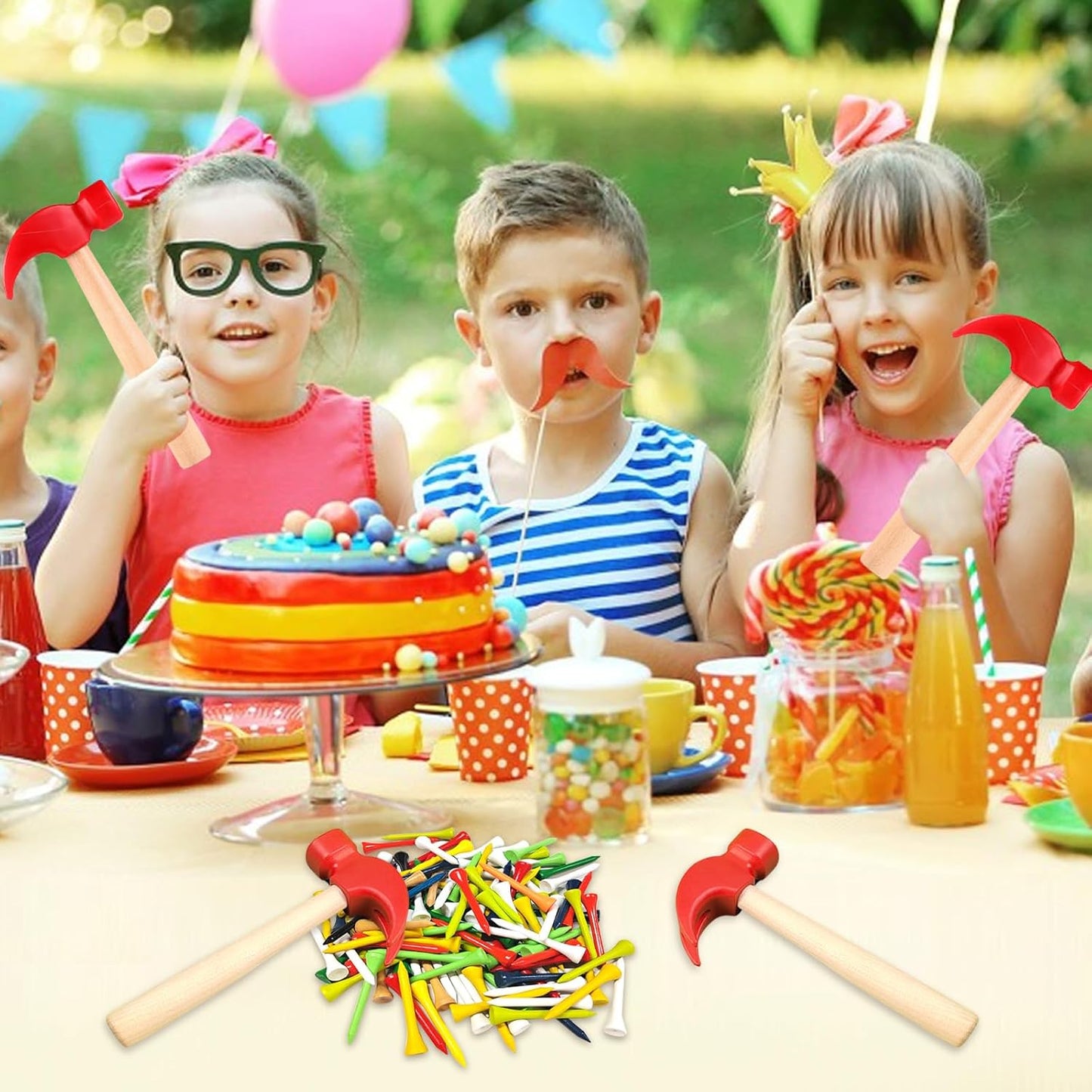 10 Pcs Kids Wooden Hammer Toy with 100 Pcs Colorful Wood Golf Tees, Small Plastic Hammer Simulation Hammers Educational Toys for Children Gift Birthday Party (Red and Green)