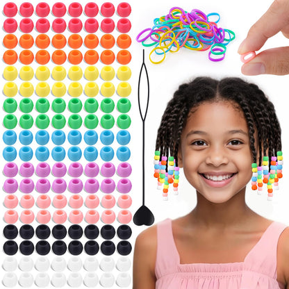 150Pcs 10mm Small Silicone Beads for Hair Braids, Soft Jellyish Pony Hair Beads with 5mm Hole + 50 Rubber Bands and 1 Beader for Braiding, DIY Bracelets Necklaces Crafts (Pink)