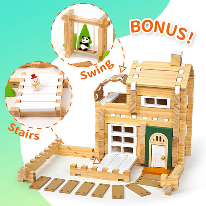 Jovi-mindly＆Notchies 96 PCS Wooden Blocks Wooden Toys with Storage Bag, Preschool Learning Toys Wood Blocks Building for Kids Ages 4-8 Creative Construction Game,FSC Certified,Birthday Toys Gifts