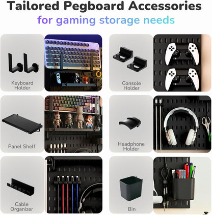 Keepo Peg Board Wall Organizer for Gaming Setup, Pegboard with Adhesives & Screw Mounts, Includes Peg Board Accessories for Gaming Accessories, Tech Storage & Office Organization (Black, 33″×22″)