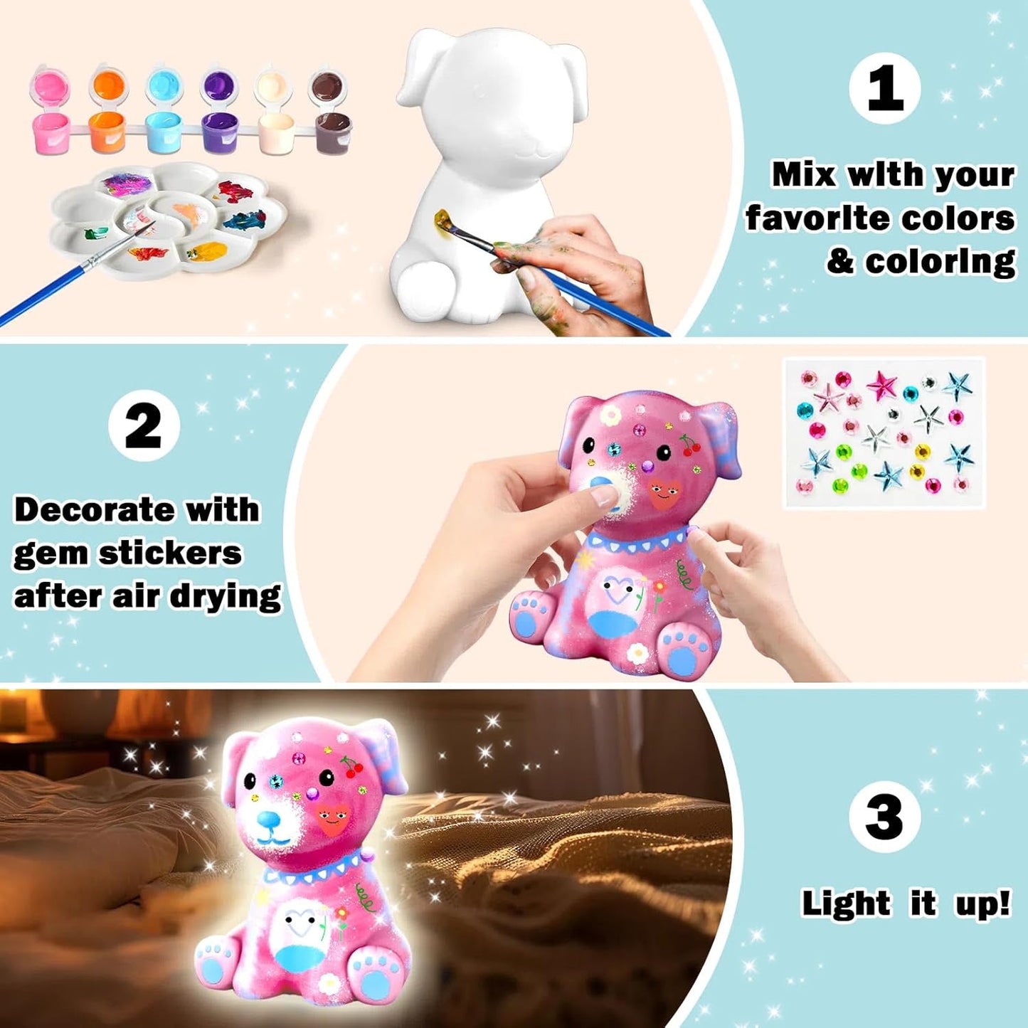 FUNZBO 4.3in Paint Your Own Dinosaur Lamp Kit - Arts and Crafts Supplies Painting for Kids Teens, DIY Night Light Dinosaur Toy for Boy Girl 3 4 5 6 7 8 9 10 11 12 Birthday Gift
